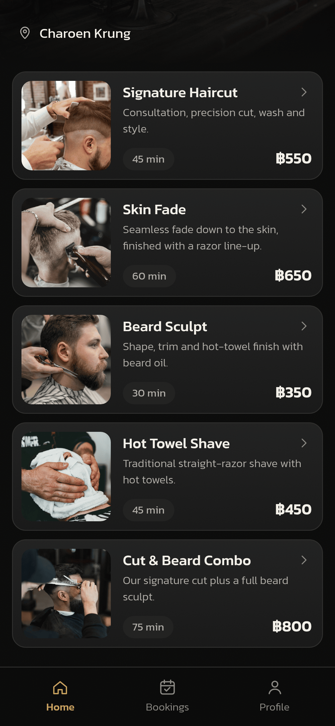 BkkBoost Booking at the Bangrak Barber demo shop — the service list, with durations and prices