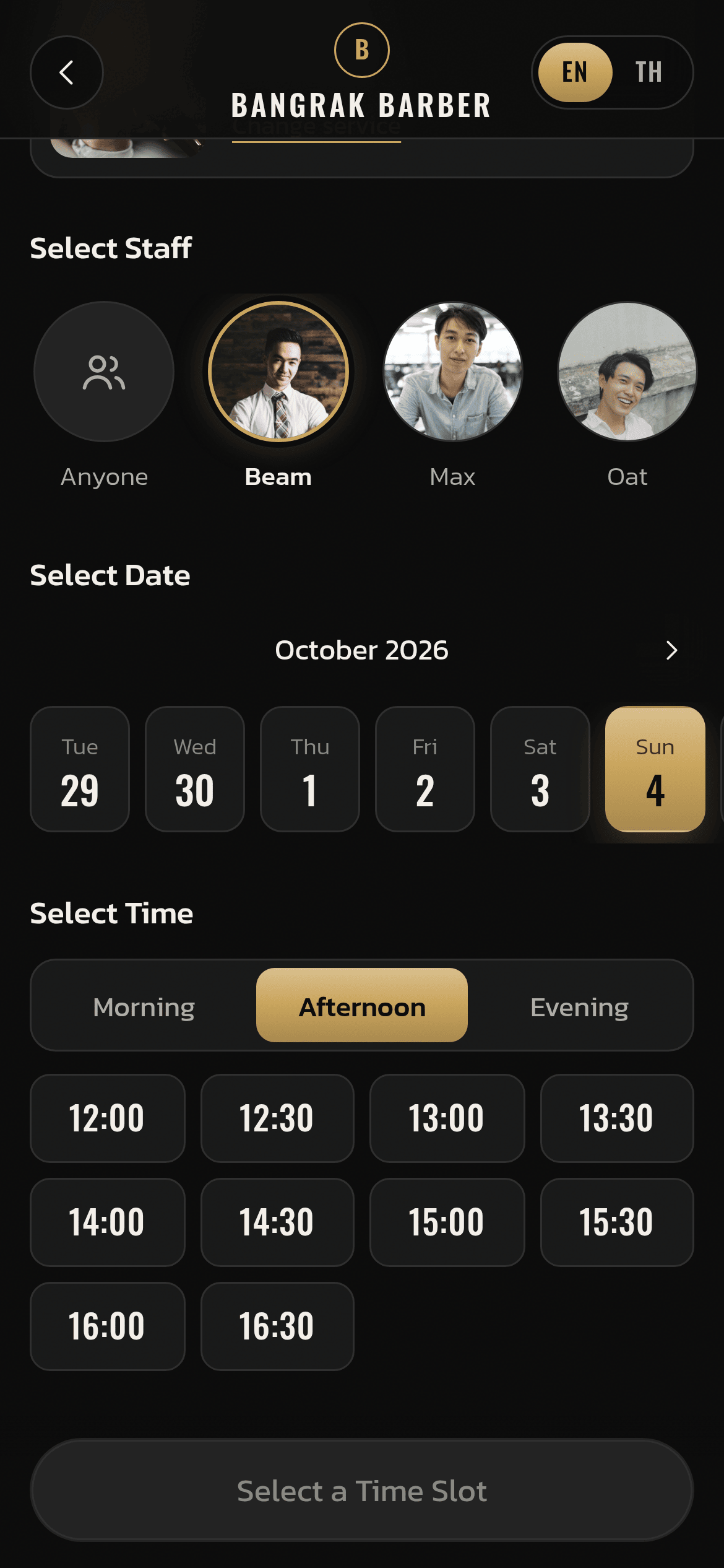 BkkBoost Booking on a phone at the Bangrak Barber demo shop — choosing a barber, a date and a time