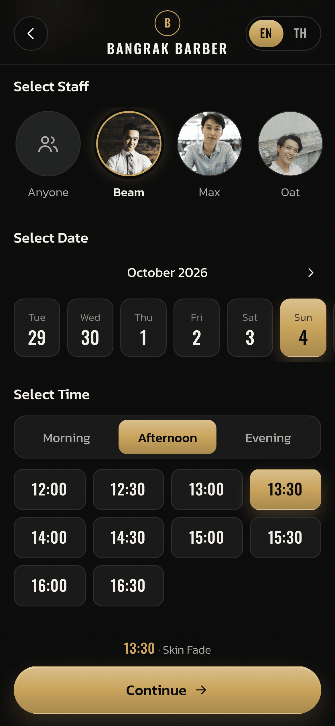 BkkBoost Booking at the Bangrak Barber demo shop — a barber, a date strip and the available times