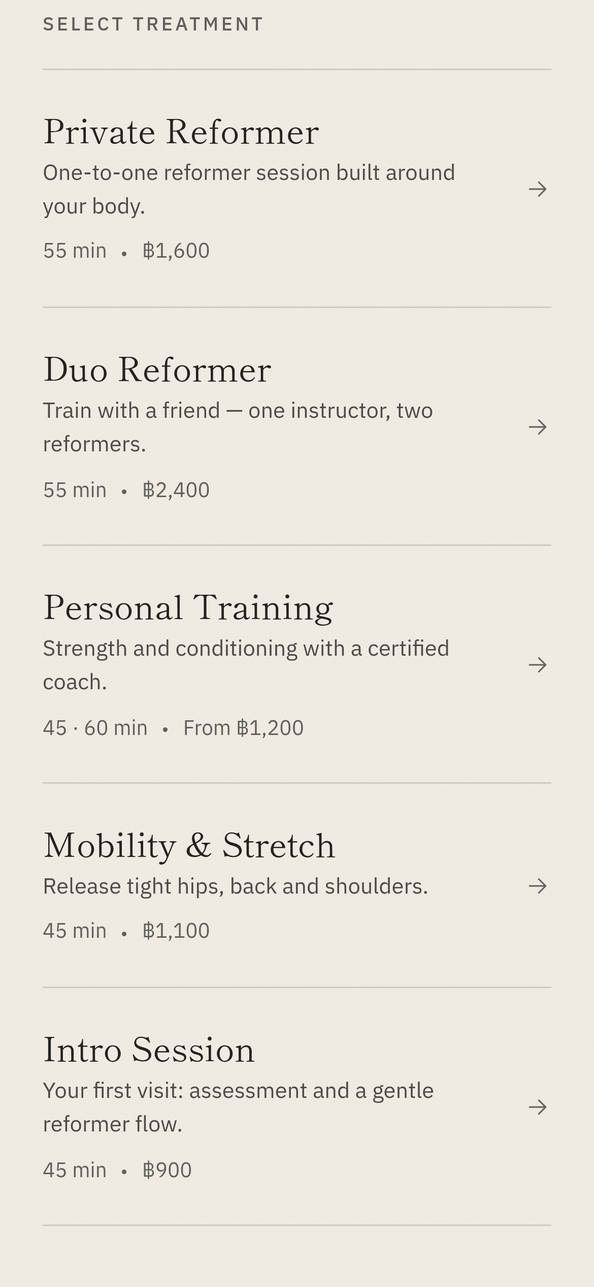 BkkBoost Booking at the Still Pilates Studio demo — session types, each with its own length and price
