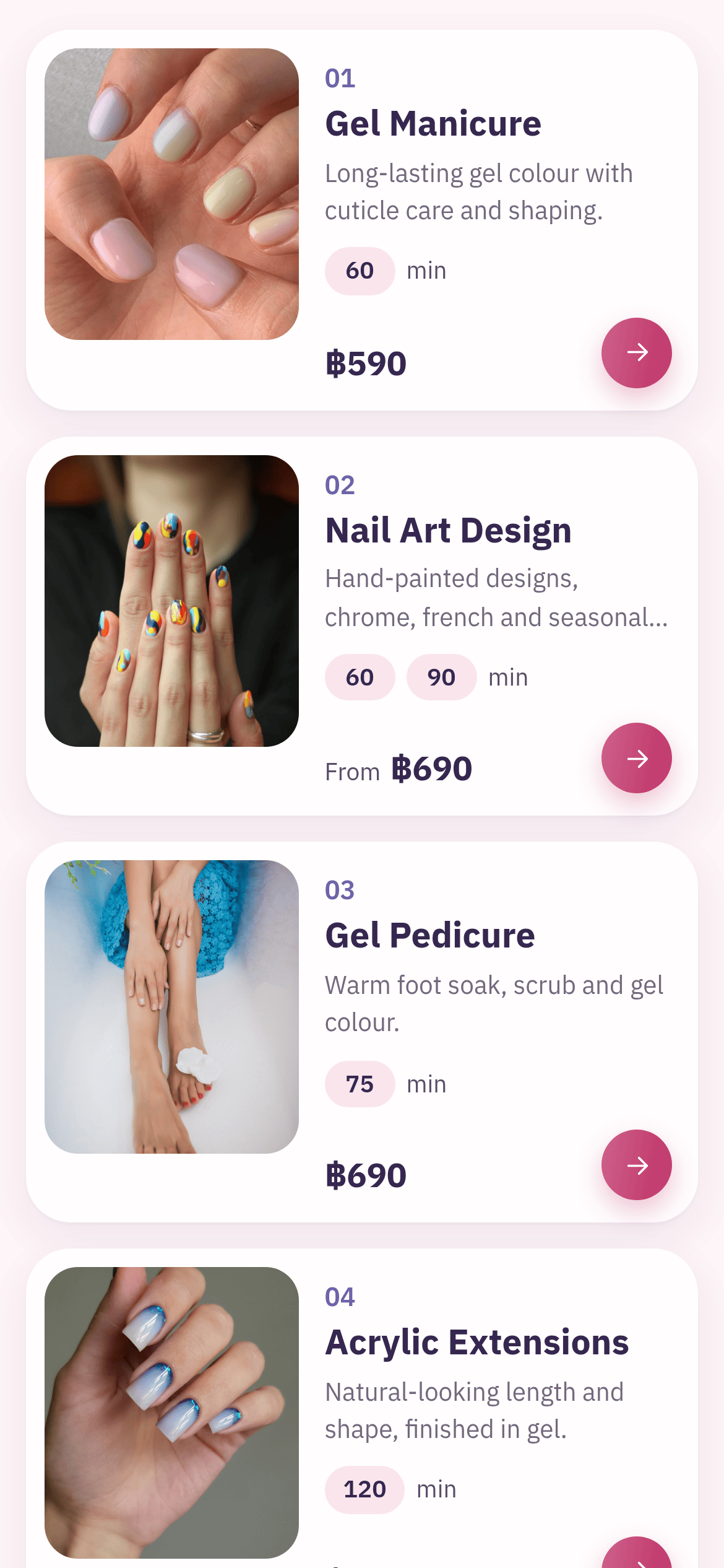Choosing a service, with duration and price, on the customer booking screen