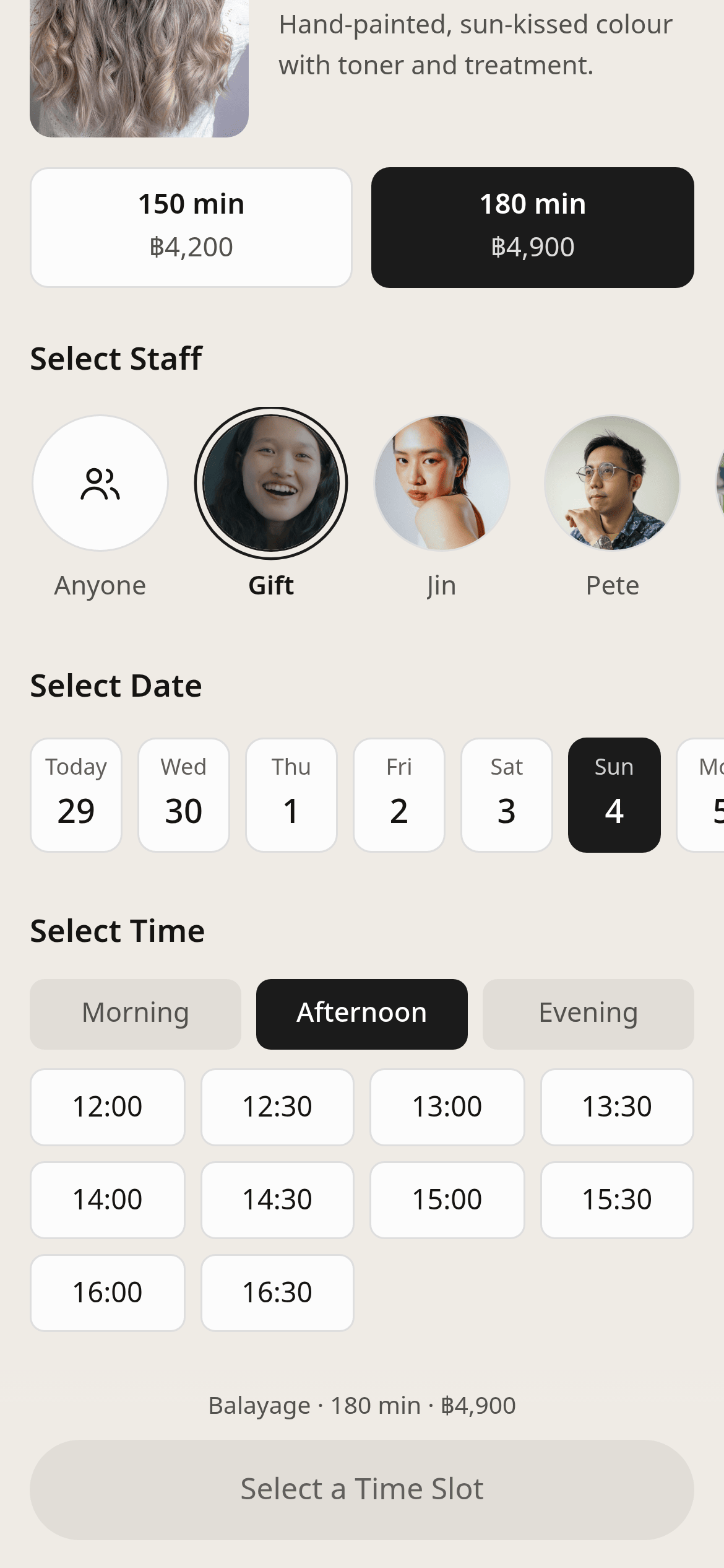 BkkBoost Booking on a phone at the Maison Pim demo salon — choosing a service length, a stylist, a date and a time