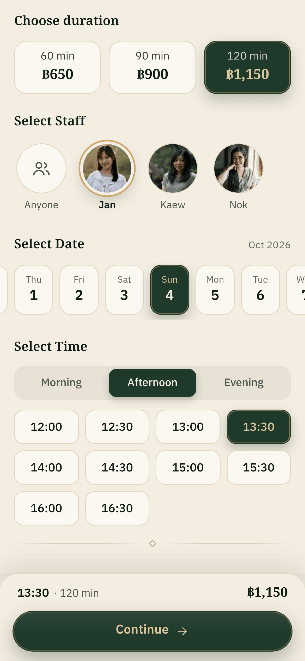 BkkBoost Booking on a phone — choosing a treatment length, a therapist, a date and a time at the Ruen Kaew Spa demo shop