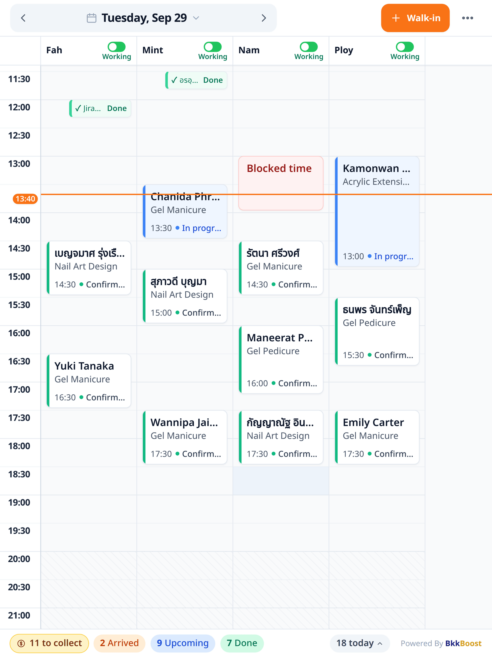 BkkBoost Booking staff calendar — every appointment for the day, by staff member