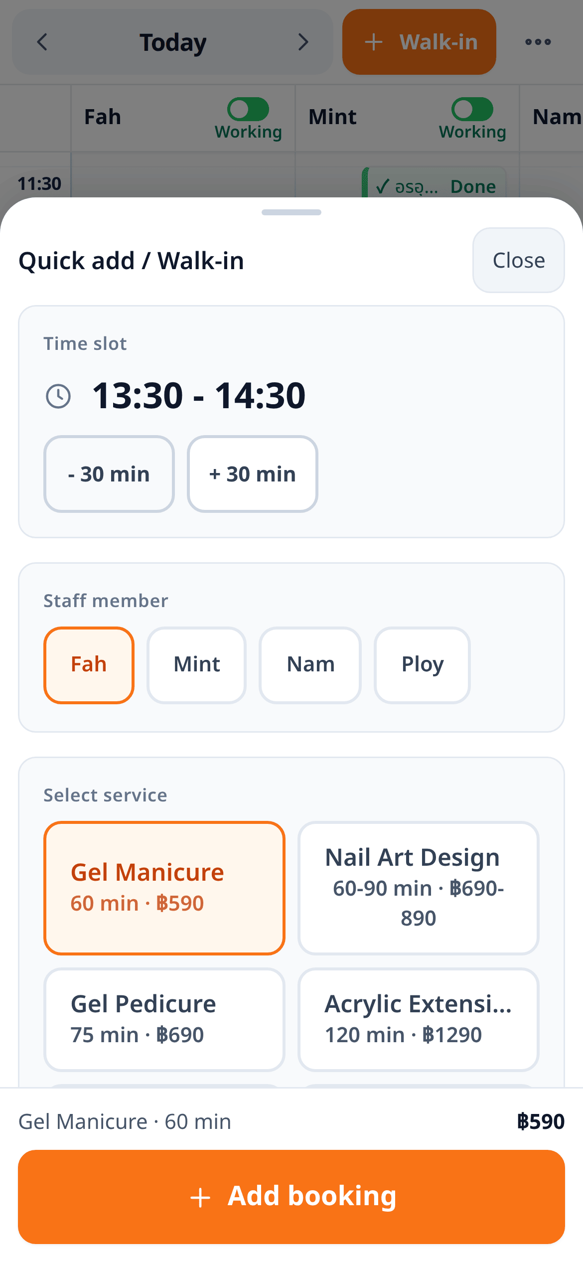 Quick Add / Walk-in — pick a time slot, staff member and service, then add the booking