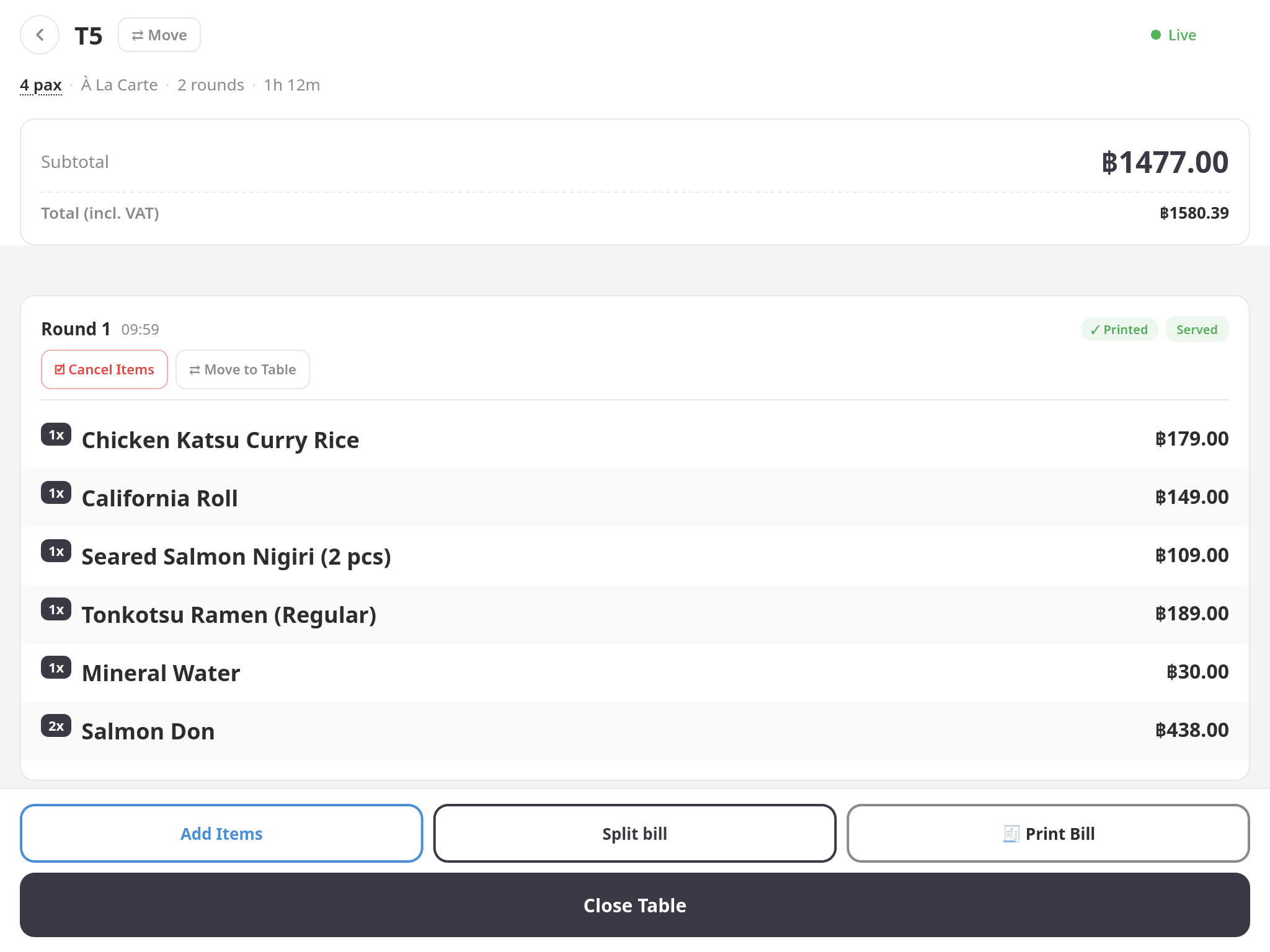 A table open in BkkBoost Dine — subtotal and VAT total, the round's ordered items, and the Add items / Split bill / Print bill / Close table controls