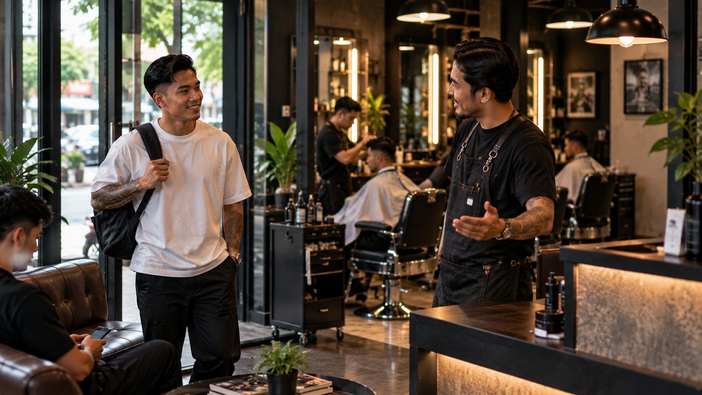 A customer walking into a barber shop and being greeted at the counter