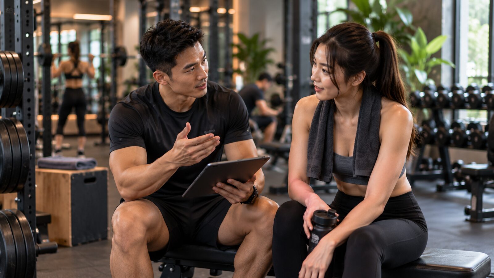 A personal trainer and a client talking through a session on a tablet in a training studio