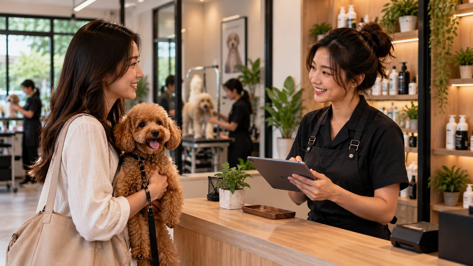 A pet owner holding a poodle at a grooming shop counter while a groomer checks a tablet