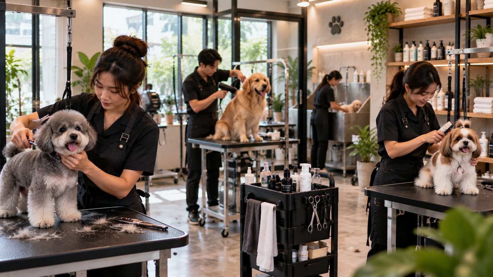Groomers working on several dogs at grooming tables in a bright grooming shop