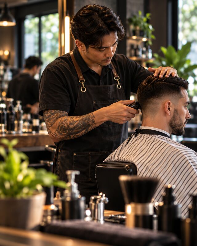 Illustrative image: a barber finishing a client’s haircut in a modern barber shop