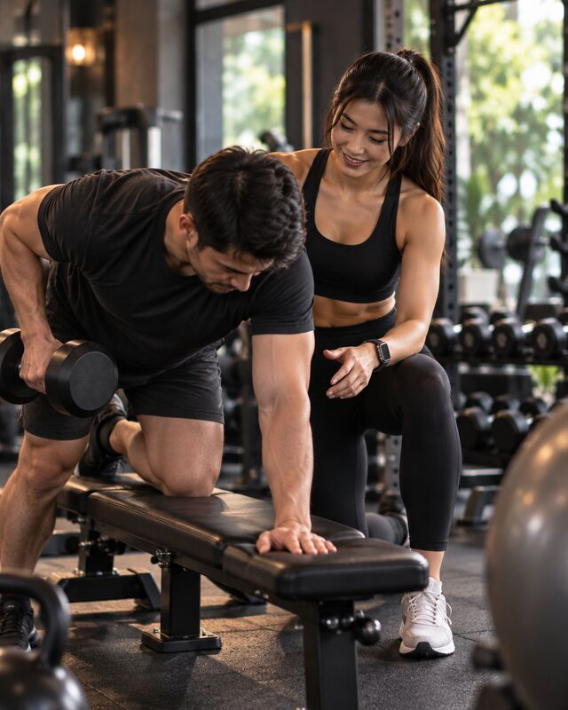 Illustrative image: a personal trainer coaching a client through a dumbbell row in a gym