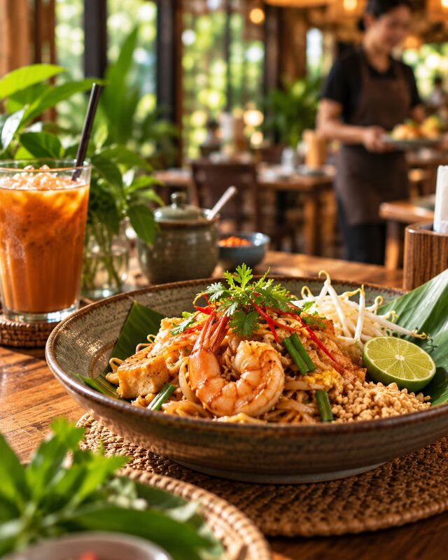 Illustrative image: a bowl of pad thai with prawns on a wooden restaurant table