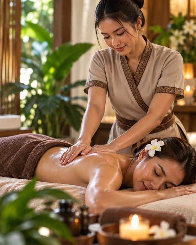 Illustrative image: a therapist giving a massage in a plant-filled spa room