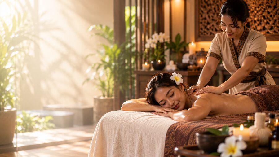 A therapist working in a bright, plant-filled Thai treatment room