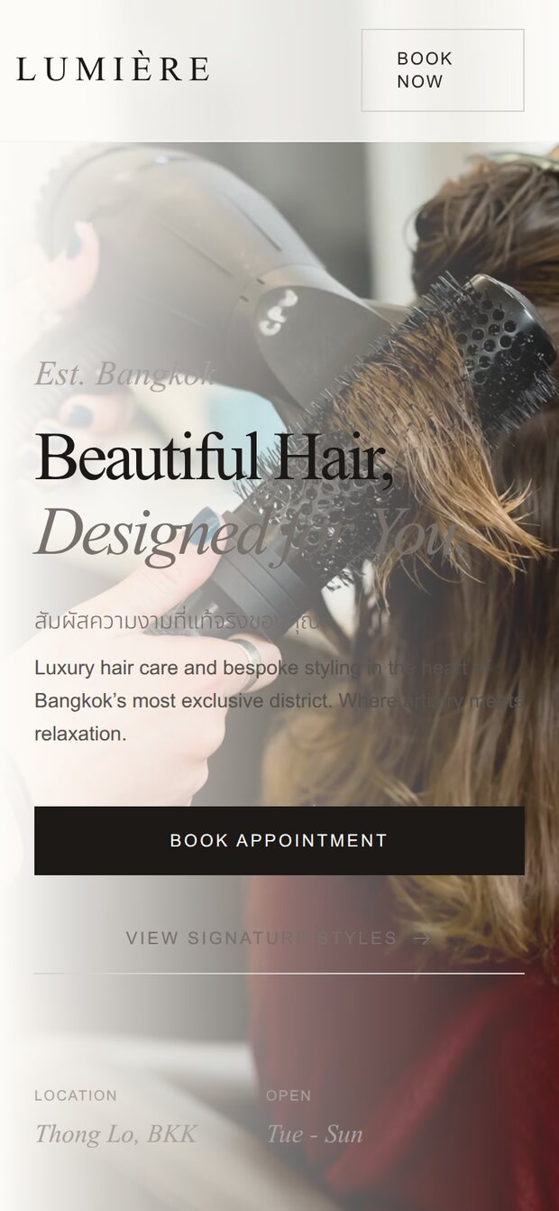 An example BkkBoost salon website on a phone